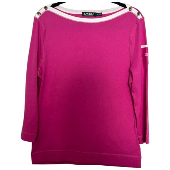 Lauren Ralph Lauren Pink Button Trim Knit Top XL Nautical Pullover - Picture 2 of 13